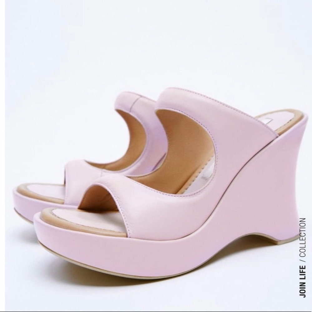 Zara round toe leather platform wedge heels